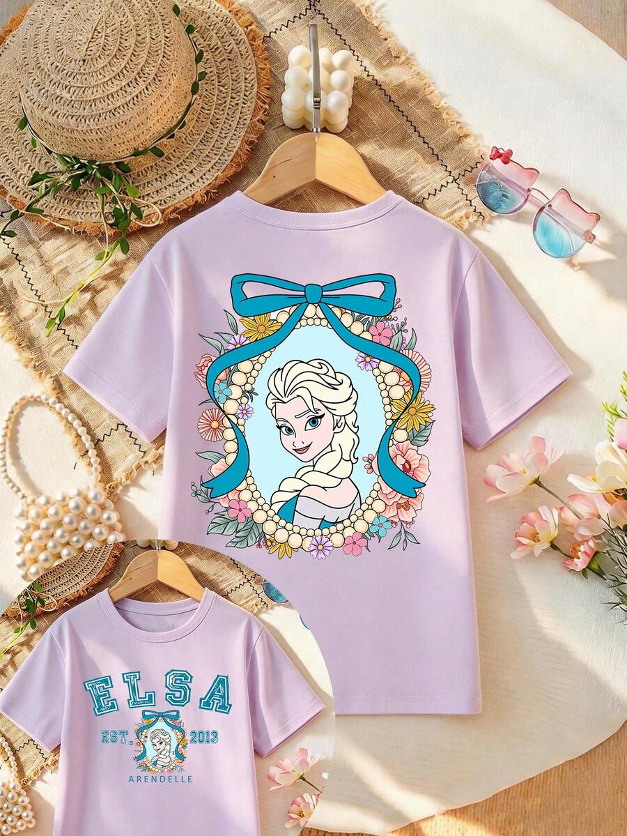 Disney Apparel, Featuring A Double-Sided Print Of Disney's Princess Elsa On This Girls' T-Shirt. This Soft, Breathable Short-Sleeve Crew Neck Tee Is Perfect For Spring And Summer Wear, Ideal For Everyday Outfits, Vacation Leisure, Outdoor Adventures, School Life, And Shopping Trips. It Also Makes An Excellent Gift For Boys And Girls Alike. Every Child Deserves One. - Mauve Purple - View 1