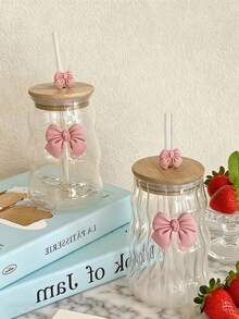 One Glass With A Bamboo Lid And Straw, Striped Design, Suitable For Water, Iced Coffee, Milkshakes, Fruit, And Juice. Features A Pink Bow Print, Is Reusable, Perfect For Summer Drinks, And Is A Large-Capacity Portable Beverage/Juice Glass For Outdoor Travel. Ideal For Home, Office, Parties, Birthday Parties, Holidays, And Christmas. Suitable For Both Summer And Winter Use. - Clear - View 1