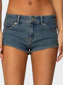 Women's Y2k Retro Denim Shorts With Pockets Stylish Solid Low Rise Mini Short Vintage Booty Micro Jean Shorts Summer Streetwear Clubwear - 深藍色 - 查看 2