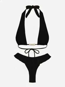 Bộ bikini hai mảnh cạp cao màu trơn xếp nếp kiểu dáng gợi cảm dành cho nữ mùa hè 2026, đồ bơi kiểu áo hai dây thời trang. - màu đen - Xem 3
