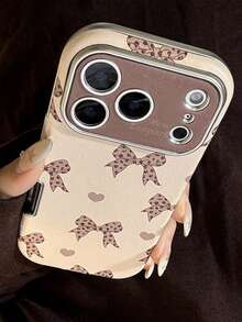 简约时尚豹纹蝴蝶结爱心手机壳，适用于 17/16/15/14/13/12/11 - 杏色 - 查看 4