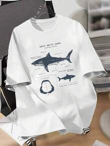 Women's 100% Cotton Shark Print Short Sleeve T-Shirt, Summer - White - View 3