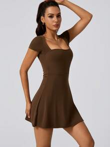 NcmRyu 1 Set Women's Elastic Running, Fitness, Tennis, Pickleball, Golf Sports Dress - Brown - View 4