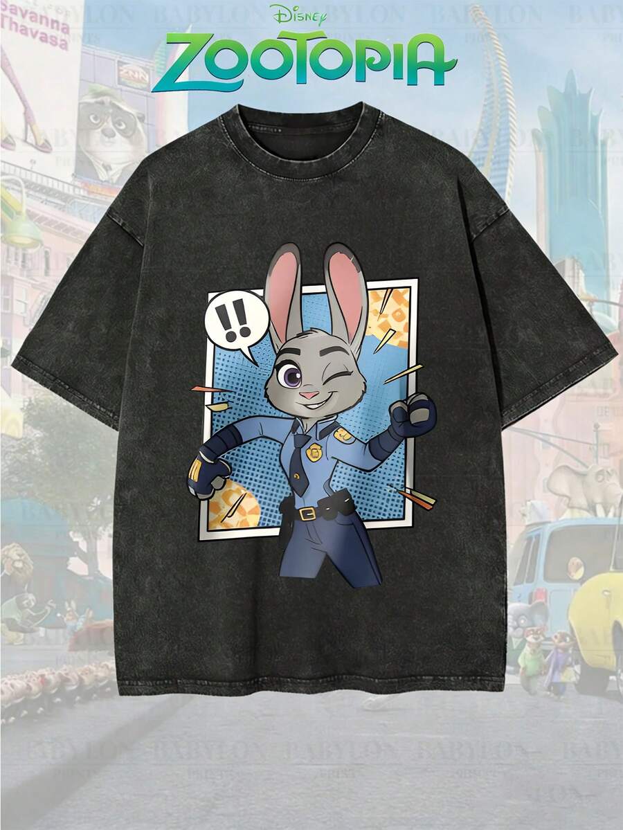 Disney Official Licensed Zootopia Nick & Judy Comic Style Couple Print Vintage Wash 230g Cotton Crew Neck Unisex Tee - Black 2 - View 1