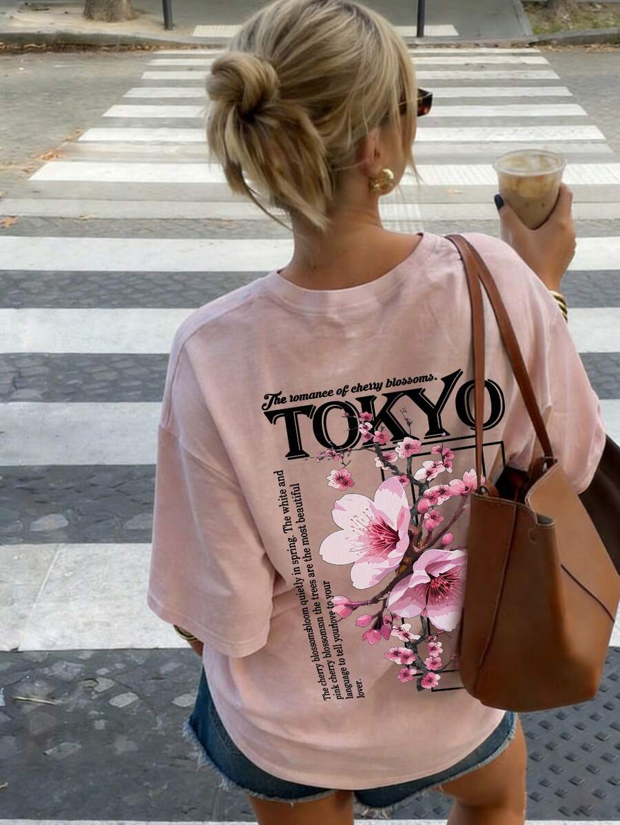 Women's Summer New Bow Tie & Print Casual Round Neck Pink Short Sleeve T-Shirt, Fashionable & Versatile Top - Pink - View 1