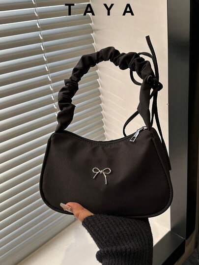 1pc Minimalist Nylon Smooth Zipper Bow Decor Drawstring Strap Design Fashion Versatile Casual Solid Color Unique Shoulder Bag, Suitable For Women's Daily Use