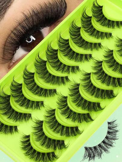 10 Pairs Perfect Makeup Faux Mink Eyelashes - Luxurious Lightweight Fluffy Cat Eye Style, Green Box, Natural Look, D-Curl Lifted, Fragrance-Free, Multi-Pack, Create Alluring Eye Makeup, Reusable Lashes Suitable For Daily Wear, Weddings, Dates, Parties, Music Festivals