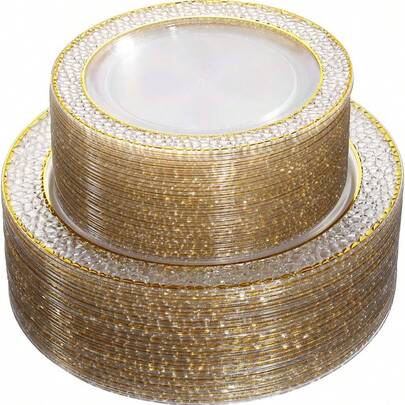 50/25/12/2件套透明双金边餐盘，锤纹质感，双金边，透明+金边装饰，优雅甜点盘、意面盘、披萨盘、蛋糕盘和沙拉盘，尺寸7.5英寸/10.25英寸，可重复使用且易于清洁，适合户外使用、派对、生日、婚礼和节日。