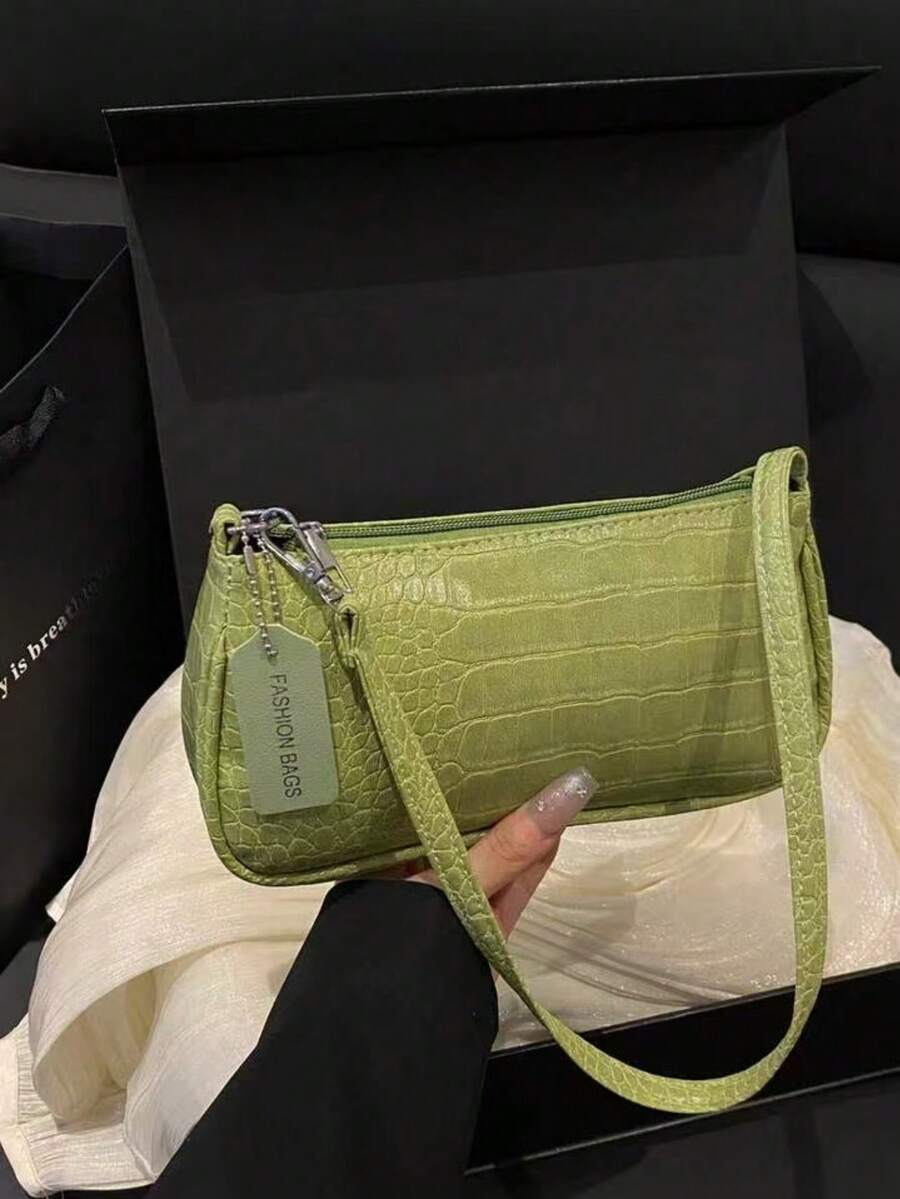 鳄鱼纹韩版女士手提包，时尚新款单肩包，简约新月形托特包，适合工作通勤，绿色 - 綠色 - 查看 1