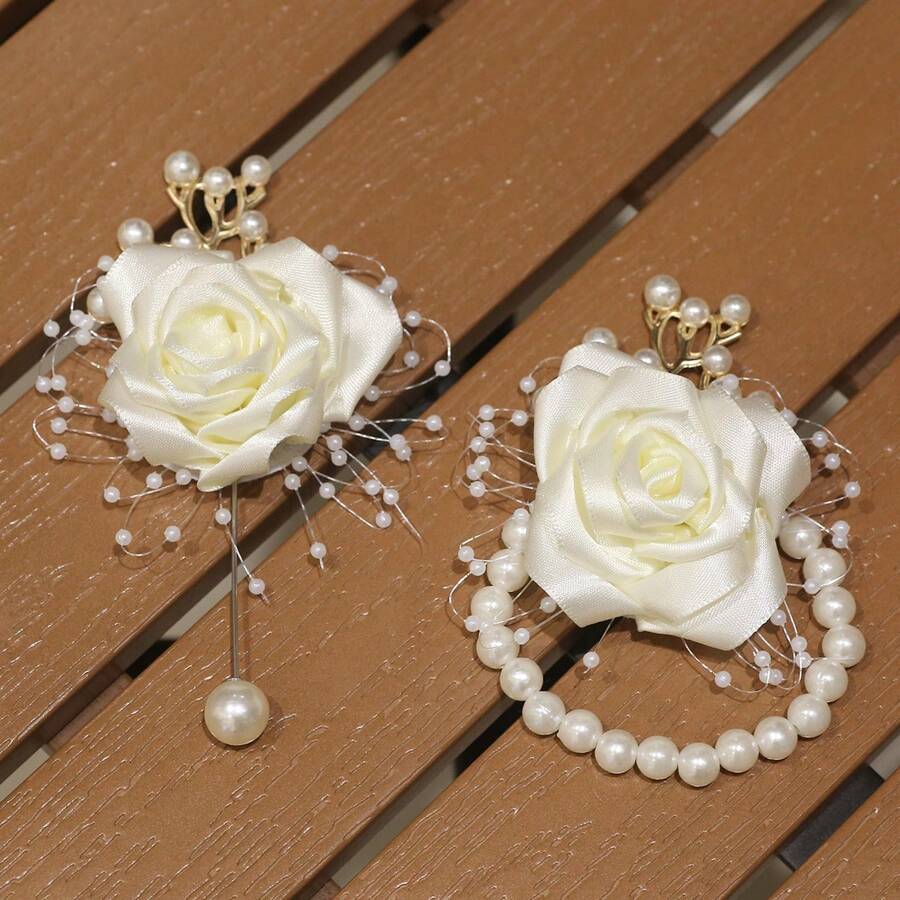 两件套腕花+胸花,优雅象牙白仿丝玫瑰腕花和胸花套装,浪漫串珠仿珍珠弹力腕花手链,适合新娘、新郎、父母、祖父母、宾客在婚礼、舞会、返校节、情人节、宴会和其他场合佩戴,夏季、海滩皆宜 - 2PCS套裝 - 查看 1