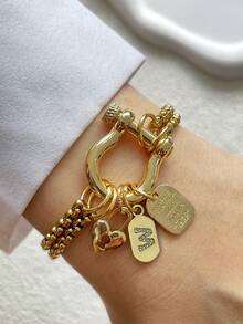 1件金色字母吊坠手链，圆形环链，五角星链，不锈钢链，时尚多吊坠手链，独特奢华女士手链 - 金黃色 - 查看 2