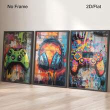 一套三幅游戏涂鸦艺术画，游戏主题海报，适合男孩卧室装饰，游戏室艺术品，游戏主题印刷品，男孩房游戏主题墙画，游戏主题墙画，无框 - 多色 - 查看 2