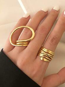 2pcs/Set Exquisite Fashion Minimalist Unique Spiral Multi-Layer Hollow Twisted Geometric Gold Rings Set For Women - Multicolor - View 7