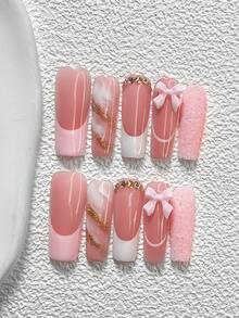 10片法式凝胶美甲套装，亚克力压制甲片，浅粉色3D蝴蝶结装饰，香槟色圆形水钻设计，哑光粉色，是送给女性和女孩的理想礼物，包含美甲工具（1片果冻贴+1个指甲锉），3种形状：杏仁形、尖头形、棺材形，适合日常、派对、婚礼、春夏等场合，手工制作的压制甲片。 - 彩色 - 查看 14