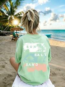 Teen GirlFunny Print Round Neck Short Sleeve T-Shirt, Casual Summer Top - Mint Green - View 3