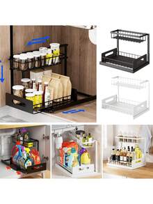 Pull-Out Under Sink Storage Rack, Double-Layer Sliding Organizer Rack, Multi-Functional Under Sink Storage Rack Suitable For Kitchen And Bathroom, Space-Saving, Expandable Design, Easy To Clean, Applicable To Bathroom/Kitchen/Laundry Room, Tidy Home, Color: Black - Multicolor - View 10