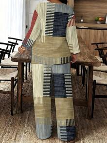 1 Set Retro Attribute Woven Fabric Soft & Skin-Friendly Women's Casual Travel Summer Birthday Gift Khaki-Blue Plaid Patchwork Print Women's Plus Size Two-Piece Set - 彩色 - 查看 3
