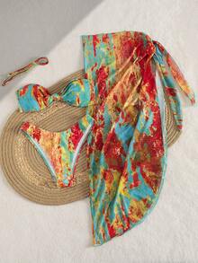 Women's 3-Piece Bikini Set For Spring & Summer, Strapless Tie-Dye Printed Sexy & Elegant Swimsuit With Beach Cover-Up, Suitable For Beach, Pool Party, Holiday Vacation - Multicolor - View 4