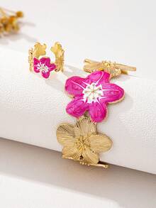 一套（1个金手镯和1个厚戒指）欧美复古时尚金色花卉手镯和厚花卉戒指组合套装，时尚清爽，夏季超持久不褪色厚手镯和厚戒指套装，适合女性日常佩戴、各种节日、社交聚会、活动（珐琅釉为手工绘制，因此图案大小和形状可能略有不同） - 玫紅色 - 查看 3