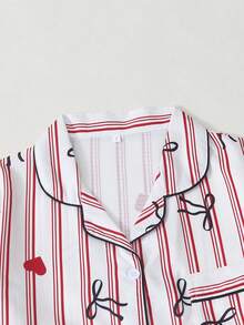 Bộ đồ ngủ nữ tay ngắn và quần short họa tiết sọc nơ và trái tim, chất liệu crepe phồng, in hình. - Đỏ - Xem 2