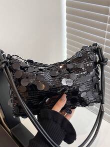 Fashionable Glitter Rectangular Women's Handbag, New Personalized Versatile Zipper Crossbody Bag, Niche Design Chain Evening Bag, Suitable For Dates, Galas, Parties, Gifts - Black - View 1