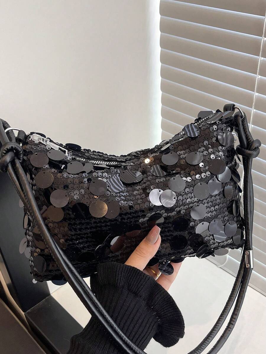 Fashionable Glitter Rectangular Women's Handbag, New Personalized Versatile Zipper Crossbody Bag, Niche Design Chain Evening Bag, Suitable For Dates, Galas, Parties, Gifts - Black - View 1