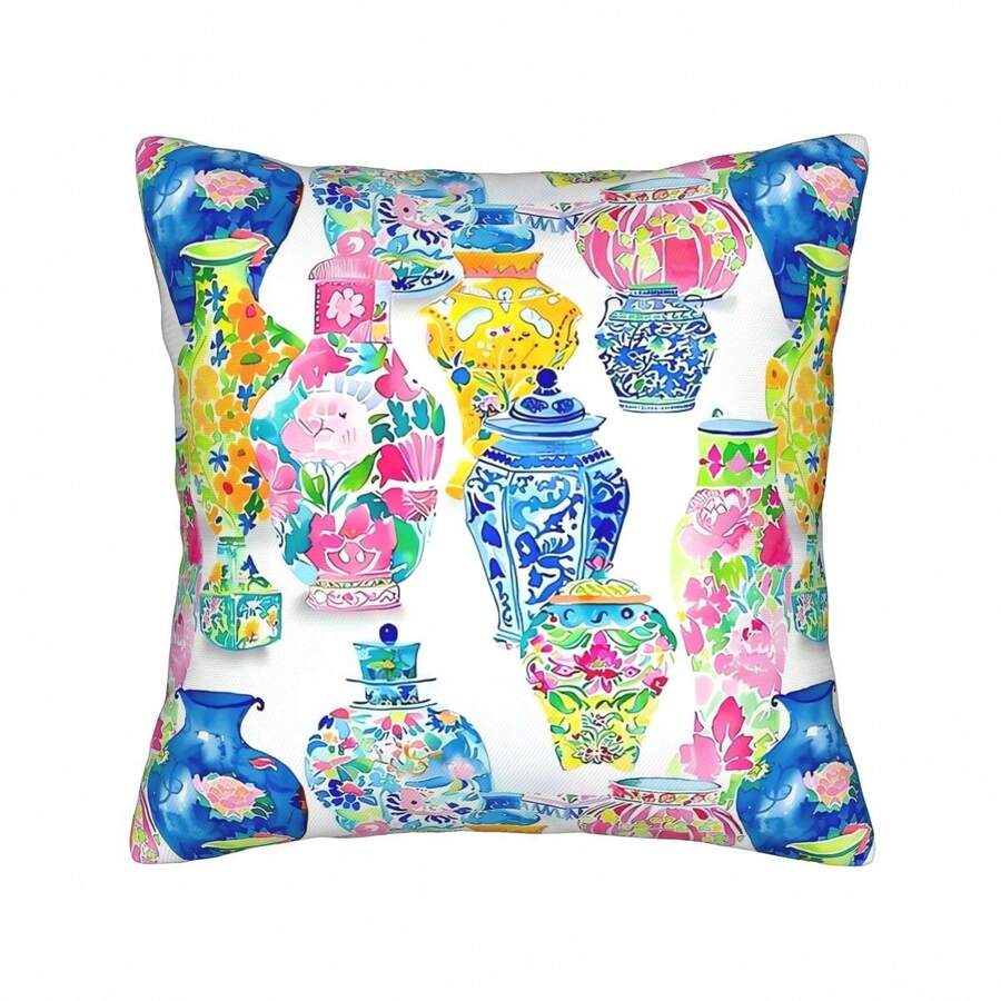 Vibrant Chinoiserie Jars In Cheerful Hues Against A White Backdrop, Paired With Minimalist Pillow Covers In Soft Ts - Perfect For Creating A And Harmonious Ambiance In Your Living Room Or Bedroom - Màu xanh Cadet - Xem 1