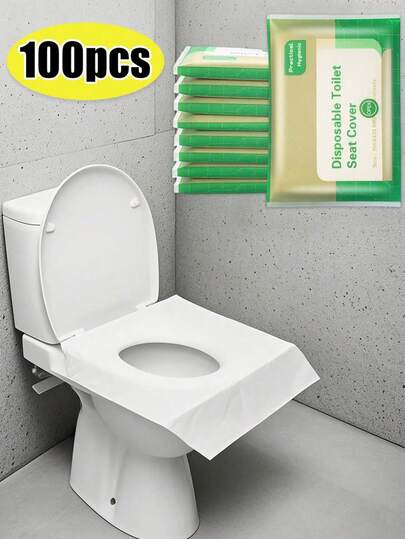 100片装便携式马桶座垫纸，成人适用，一次性或可冲散，旅行必备，飞机、公路旅行、露营和酒店的理想之选。可放入洗漱包、化妆包、沙滩包、度假包、背包、旅行配件、夏季必备品和学习用品中。
