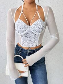 Party Highlight | Shiny Contrast Mesh Long Sleeve Cropped Top With Underwire And Boning Design, Provides Shaping Effect - White - View 4