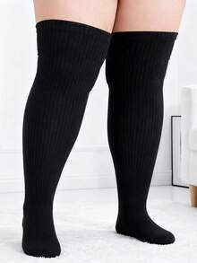 Women Plus Size Thigh High Socks Knit Over The Knee Stocking Party & Daily - Black+White - View 3