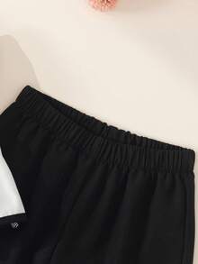BASUSARRI Girls' Commuting Chic White Contrast Color Wide Strap Big Bow Tie Crop Top And Straight Leg 3/4 Pants Suit, Versatile Fashion - Black and White - View 8