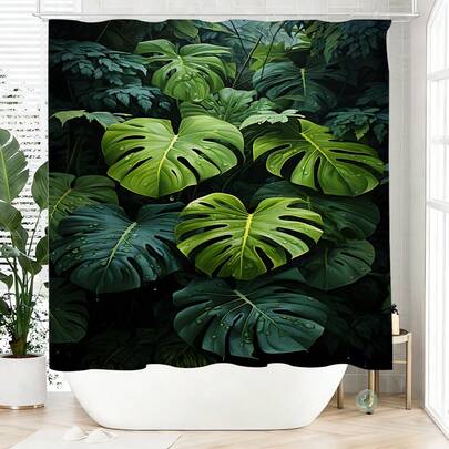 1pc Green Plant Shower Curtain, Made Of Polyester, Waterproof, Non-Blackout, Suitable For Home And Bathroom Decor, Comes With 12 Hooks