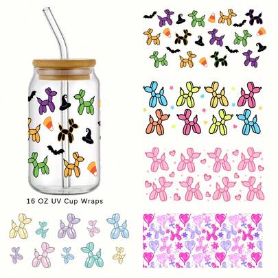 5pcs/Set Balloon Dog UV DTF Cup Sticker Decal, Waterproof Self-Adhesive Sticker Suitable For Mugs, Water Bottles, 16oz Glass Jars, 3D Crystal Label, Waterproof And Scratch-Resistant, Fashion Ladies DIY Craft Sticker - High Quality (11x24cm) 4.3" X 9.4"