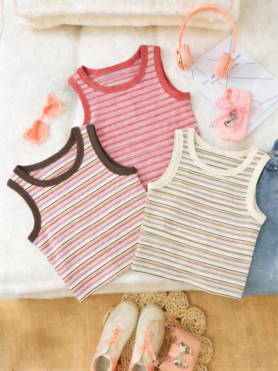 3件装女童条纹无袖上衣,夏季时尚百搭背心,适合户外活动/日常穿着,舒适,可机洗 - 玫紅色 - 查看 1