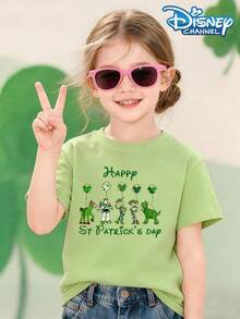 Toy Story Tops, Disney Tops, St. Patrick's Day Girls' Green T-Shirts, Buzz Lightyear Cartoon Pattern T-Shirts, Holiday Gifts, Girls' Neck T-Shirts, Spring And Autumn Short Sleeved Shirts, Suitable For Parties, Gatherings, Homes, Schools, And Any Other Place, Fashionable T-Shirts - 綠色 - 查看 2