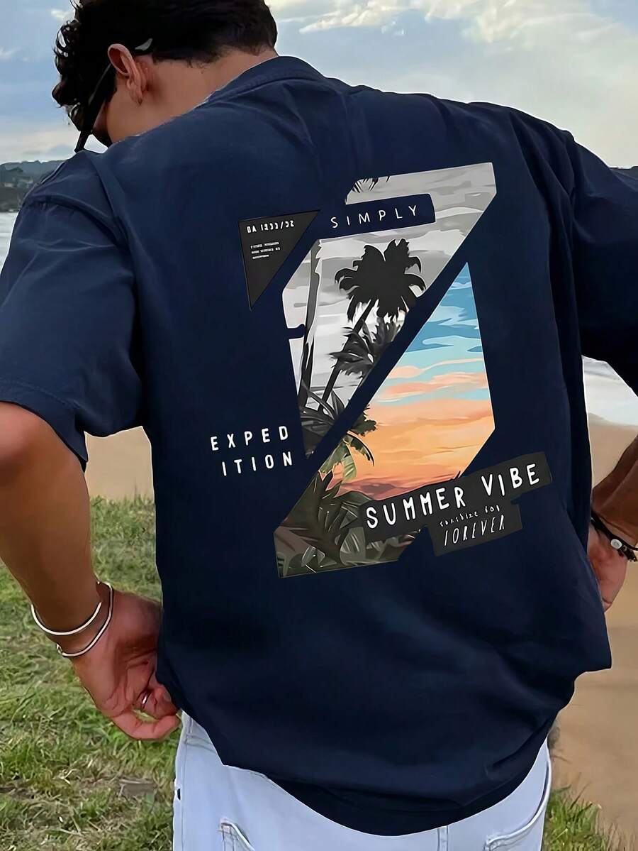 Men's Graphic Print T-Shirt, Beach Summer Wear, Loose Fit Short Sleeve Tee - Navy Blue - View 1