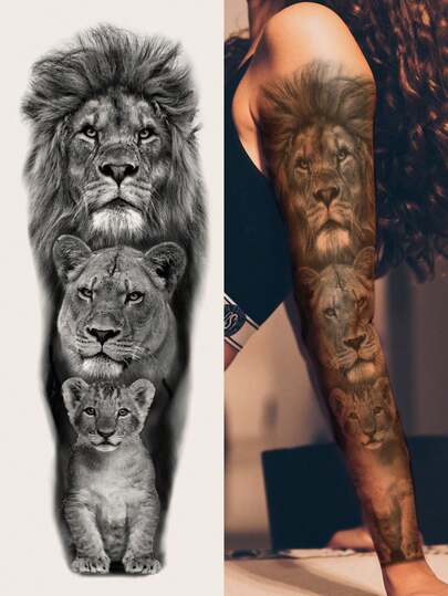 Full Arm Sleeve Temporary Tattoo - Extra Large Size Fierce Animal Lion Family Pattern, Suitable For DIY, Anime Conventions, Carnival, Music Festivals, Valentine's Day, Party Occasions, Waterproof Realistic Tattoo Sticker For Arm, Leg, Large Body Area