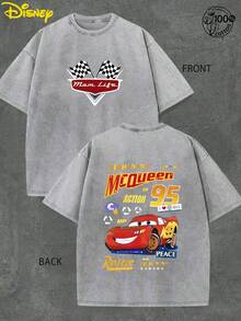 Authorized By Disney, Lightning McQueen Racing Printed T-Shirt, Full Of American Retro Prints, Is Suitable For Everyday Street Wear, Necessary In Summer, And Also A Gift For Disney Lovers. - 灰色 - 查看 1