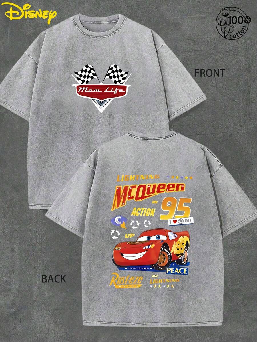 Authorized By Disney, Lightning McQueen Racing Printed T-Shirt, Full Of American Retro Prints, Is Suitable For Everyday Street Wear, Necessary In Summer, And Also A Gift For Disney Lovers. - Gris - Ver 1