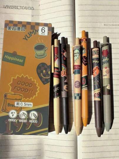 1set/6pcs, Cute Vintage Gel Pen, Gel Pen, Ballpoint Pen, Retractable Glue Pen, 0.5mm Black Fountain Pen, Fine Tip Pen, Smooth Writing, Cute Stationery, Writing Diary Notes, Office Classroom Supplies, Teens, Adults, Male And Female Writing, Writing, Signing, Signing Special Writing Pen, Final Exam, Christmas Holiday Stationery Gift Gift Set,Back To School