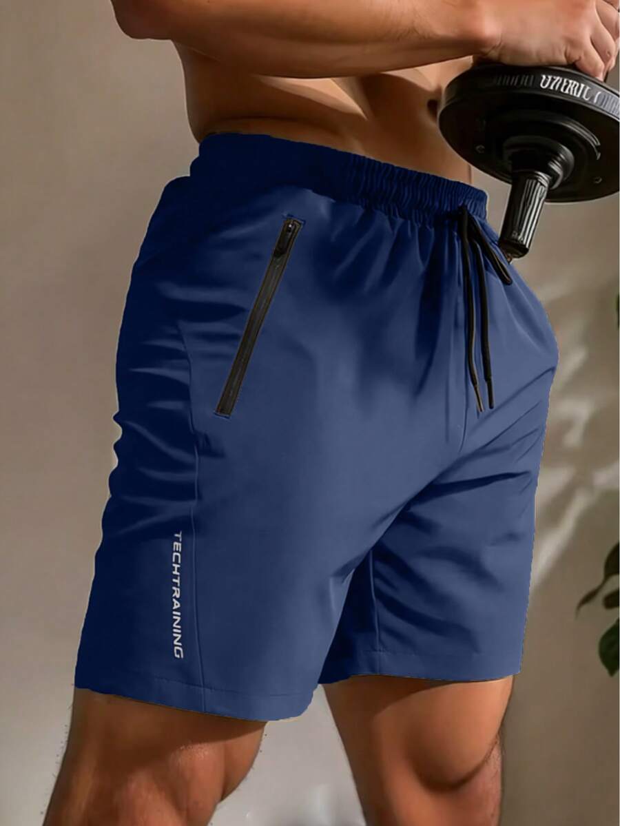 1pc Men's Quick-Dry Sports Shorts With Fashionable Zipper Pockets And Printed Design, Lightweight And Breathable, Suitable For Outdoor Sports, Basketball, Running And Gym Workouts - Royal Blue - View 1