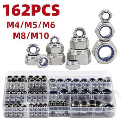 162pcs Stainless Steel Nylon Insert Hex Lock Nuts, M4/M5/M6/M8/M10 Self-Locking Hexagon Nuts, For Maintenance And Installation