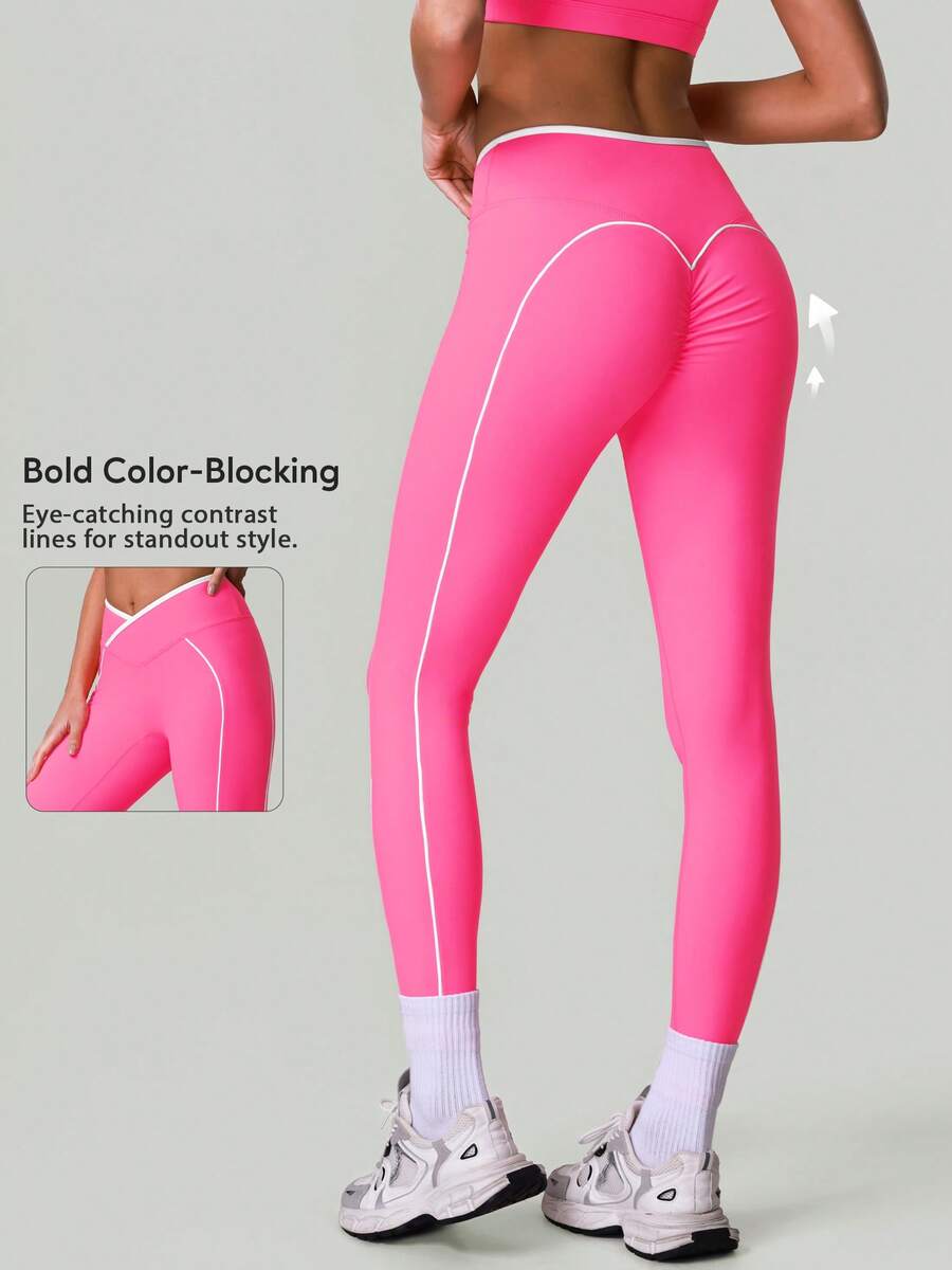 Quần legging thể thao nữ cạp chéo, chống lộ bụng, ôm sát eo, dáng chữ V, bó sát mông, thích hợp cho chạy bộ, tập luyện, hoạt động thể thao, yoga. - Màu Hồng Tươi - Xem 1