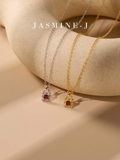 1pc S925 Sterling Silver Lock Pendant Necklace,Garnet Pendant Necklace,Simple And Elegant Necklace,Red Diamond Necklace,Suitable For Everyday Wear