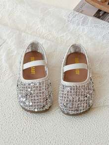 Children's Fashion Versatile Sequin Design Flat Shoes, Girls' Spring/Summer/Autumn New Princess Shoes, Toddler Soft Bottom Comfortable Slip-On Elastic Band Breathable Mesh Shoes - Beige - View 1