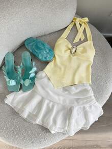 Women's Fashion Yellow Backless Camisole Tank Top, Asymmetric Hem, Lace-Up Textured Fabric Tank Top, Suitable For Vacation And Party Wear - Yellow - View 6
