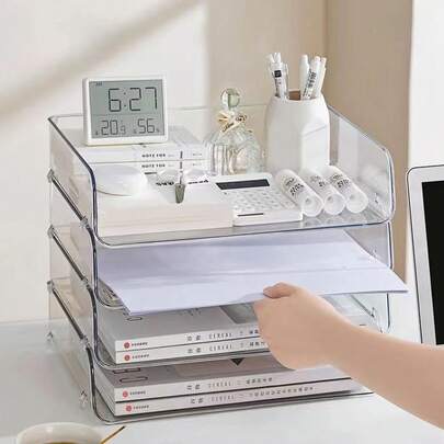 Transparent Desktop File Tray Stackable Large Capacity Stationery Book Storage Rack A4 Document Paper Organizer Home Office