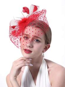 1件 20/50年代女士茶会面纱帽，时尚迷人头饰 - 紅色 - 查看 6