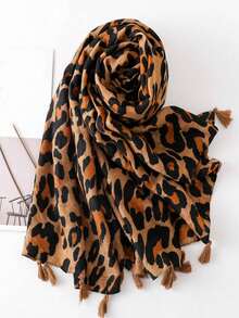 1pc Simple Leopard Print Scarf, Fashionable Women's Silk Scarf With Tassels, Versatile Shawl For Sun Protection - Coffee Brown - View 4