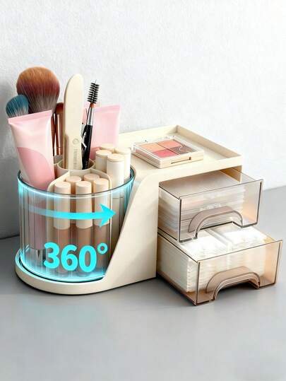 Hộp đựng đồ trang điểm xoay 1 chiếc, hộp đựng đồ dùng phòng tắm dung tích lớn, hộp đựng đồ đa năng để bàn có ngăn đựng bút chì, giúp bàn làm việc gọn gàng, thích hợp đựng trang sức, mỹ phẩm, son môi và cọ trang điểm.